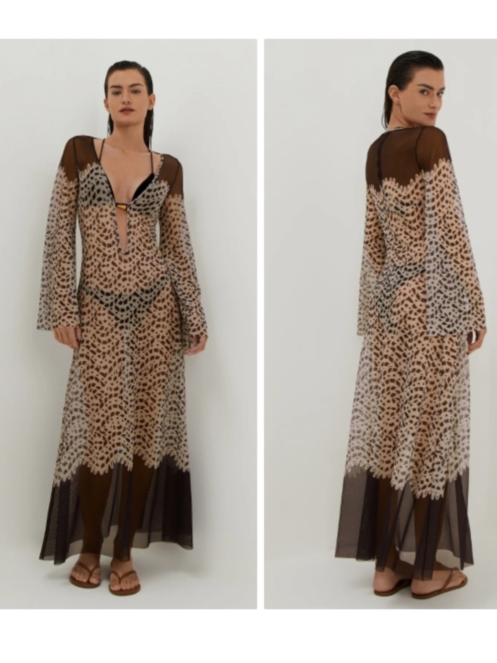 NWT Caroline Constas Women’s Brown Sheer Swim Coverup Maxi Dress. Size S